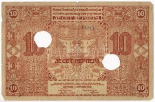 Montenegró 1912. 10P lyukasztással érvénytelenítve T:III,III- Montenegro 1912. 10 Perpera cancelled with holes C:F,VG Krause P#4.