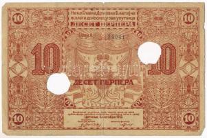 Montenegró 1912. 10P lyukasztással érvénytelenítve T:III,III- Montenegro 1912. 10 Perpera cancelled ...
