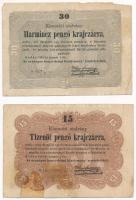 1849. 15kr (ragasztással restaurált) + 30kr Kossuth bankó T:III- Adamo G102, G103