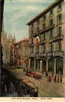 1934 Milano, Milan; Corso Vittorio Emanuele, Hotel Roma / street view, hotel, tram, automobile