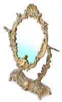 Neobarokk öntött, patinázott bronz tükör, puttókkal, barokk kagylóval díszítve, kopott, m:35cm