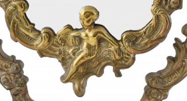 Neobarokk öntött, patinázott bronz tükör, puttókkal, barokk kagylóval díszítve, kopott, m:35cm