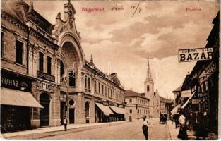 1906 Nagyvárad, Oradea; Fő utca, Korona Fillér bazár, női divat áruház, Dr. Barta fogorvos, Déry Endre üzlete, cukrászda, fodrász, csokoládé / main street, shops, confectionery, hairdresser, dentist (EK)