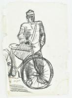 Szilágyi jelzéssel: Biciklis postás. Szén, papír, sérült, foltos, 60x42 cm