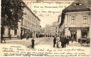 1901 Nagyszeben, Hermannstadt, Sibiu; Disznódi utca, Római császár szálloda, Julius Wermescher üzlete / Heltauergasse / street, tram, shops, hotel