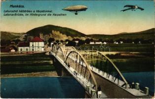 Munkács, Mukacheve, Mukacevo; Latorca híd háttérben a Kárpátok, léghajó és repülőgép / Latorica river, bridge, airship and aircraft (Rb)