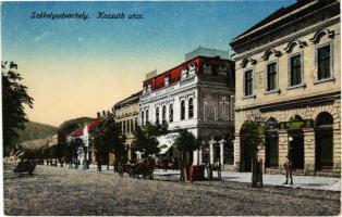 Székelyudvarhely, Odorheiu Secuiesc; Kossuth utca, Budapest szálloda, dohány üzlet / street, hotel, shop