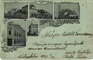 1899 (Vorläufer) Kézdivásárhely, Targu Secuiesc; Főtér, Nemzeti szálló, posta, Római katolikus gimnázium / main square, post office, school, hotel. Art Nouveau, floral (fa)