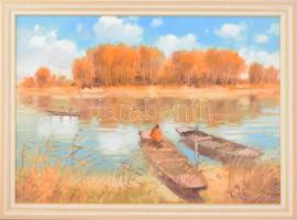 Bánfalvy Ákos (1943-): Horgász. Olaj, farost, jelzett, fa keretben, 50×70 cm