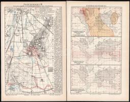 cca 1900 Európai várostérképek, népesség, élőlények, Ázsia, stb., 13 db, 31x25 cm és fele méret
