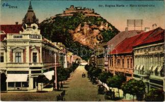 1929 Déva, Str. Regina Maria / Mária királyné utca, Hotel Orient szálloda, vár, Hirsch Testvérek üzlete. A. Hirsch kiadása / street view, hotel, castle, shops (ragasztónyom / glue marks)