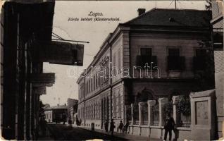 1912 Lugos, Lugoj; Zárda intézet, üzletek. Nemes Kálmán kiadása / Klosterschule / boarding school, shops (kopott sarkak / worn corners)