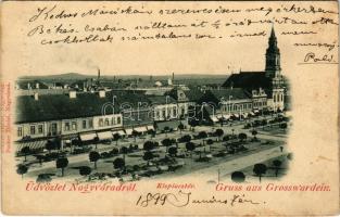 1899 (Vorläufer) Nagyvárad, Oradea; Kispiactér, piac, szálloda, Huzella M., Auslander S., Kolliner D. László gőzhengermalom lisztraktára, Palkovics Imre és Berger Adolf üzlete / market, square, shops, hotel (Rb)