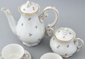 Zsolnay virágmintás mokkás készlet, kávés kiöntővel, cukortartóval, 4 db csészével, matricás, jelzet...