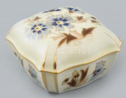 Zsolnay búzavirágmintás porcelán bonbonier, kézzel festett, jelzett, kopott, 7,5x7,5 cm