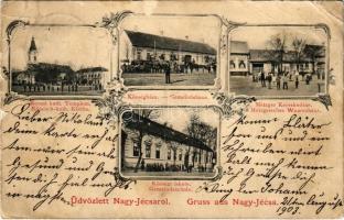 1903 Nagyjécsa, Grossjetscha, Iecea Mare; Római katolikus templom, községháza, községi iskola, Métzger kereskedése, üzlet / church, town hall, school, shop. Art Nouveau, floral (fa)