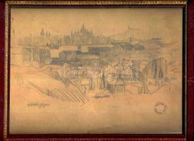 Vörös Géza jelzéssel: Budapesti látkép ceruza-papír keretben (Vörös Géza hagyaték pecséttel) 27x32 cm