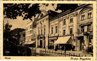 Kassa, Kosice; Fő utca, Megyeháza, Freudenfeld Oszkár hentes üzlete / main street, county hall, butcher shop