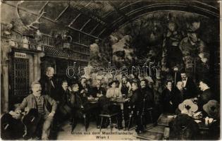 1909 Wien, Vienna, Bécs; Gruss aus dem Maximiliankeller. Michael Königs Maximiliankeller. Maximilianstrasse 2. / beer hall, interior with guests and waiters (EK)