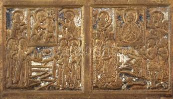 Orosz tetraptichon (4 oldalú fém ikon). Öntött patinázott bronz. 18x42cm. Az első három táblán a lit...