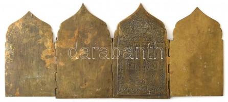 Orosz tetraptichon (4 oldalú fém ikon). Öntött patinázott bronz. 18x42cm. Az első három táblán a lit...