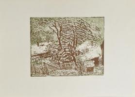 Somlai Vilma (1938-2007): Téli Szigliget. Színes linómetszet, papír, jelzett, számozott (96/100), hátoldalán a művész és a Rézkarcoló Művészek Alkotóközössége bélyegzőivel. 18×22,5 cm