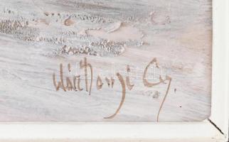 Wárkonyi Gyula (1947-): Fények. Olaj, farost, jelzett, fa keretben, 40x70 cm