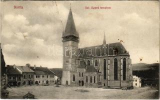 1914 Bártfa, Bardiov, Bardejov; Szent Egyed templom, Klausner üzlete, gyógyszertár / church, shop, pharmacy (EK)