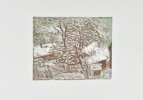 Somlai Vilma (1938-2007): Téli Szigliget. Színes linómetszet, papír, jelzett, számozott (92/100), hátoldalán a művész és a Rézkarcoló Művészek Alkotóközössége bélyegzőivel. 18×22,5 cm