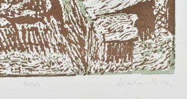 Somlai Vilma (1938-2007): Téli Szigliget. Színes linómetszet, papír, jelzett, számozott (92/100), há...