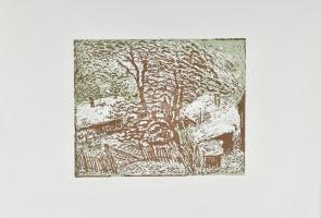 Somlai Vilma (1938-2007): Téli Szigliget. Színes linómetszet, papír, jelzett, számozott (97/100), hátoldalán a művész és a Rézkarcoló Művészek Alkotóközössége bélyegzőivel. 18×22,5 cm