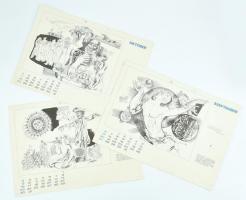 cca 1970 3 db falinaptár lap Józsa János (1936-2016) illusztrációival, lapok teteje lyukasztás mentén kissé sérült és foltos, 34,5×49 cm