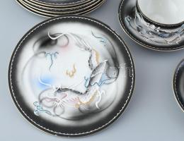 Japán Kutani, litofán, gésafejes (csésze alján, áttetsző) tojáshéj porcelán teás készlet 6 személyes...