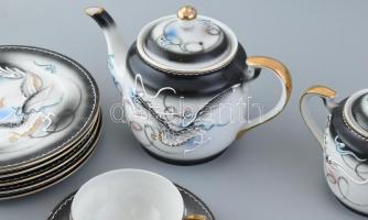 Japán Kutani, litofán, gésafejes (csésze alján, áttetsző) tojáshéj porcelán teás készlet 6 személyes...