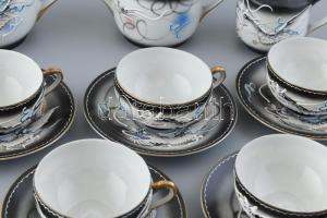 Japán Kutani, litofán, gésafejes (csésze alján, áttetsző) tojáshéj porcelán teás készlet 6 személyes...