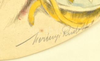 Merényi Rudolf (1893-1957): Ülő női akt. Színezett rézkarc, papír, jelzett, körbevágva, papírra kasí...