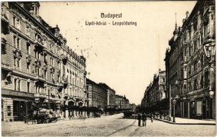 1913 Budapest XIII. Lipót körút, Sneider Lipót vendéglője, Magaziner Lajos üzlete, villamos (fl)