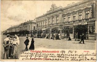 1907 Békéscsaba, Fő tér, Fried Lipót és Gencsi József üzlete, nyomda és könyvkereskedés, dohány nagy tőzsde és saját kiadása (EK)
