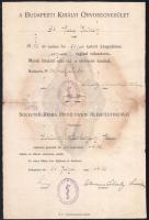 1930 Budapesti Királyi Orvosegyesület oklevele Lehoczky-Semmelweis Kálmán titkár aláírásával. Foltos