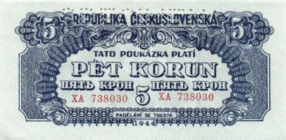 Csehszlovákia 1944-50. 1K (2x) az egyik "SPECIMEN" lyukasztással + 5K (2x) mindkettő &quot...