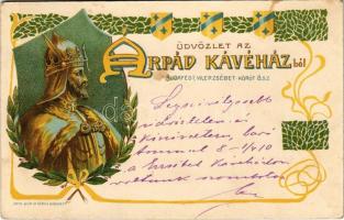 1903 Üdvözlet az Árpád Kávéházból. Budapest, Erzsébet körút 8. Róth Mór és Társa, Szecessziós litho reklám / Hungarian cafe advertisement. Art Nouveau, litho (Rb)