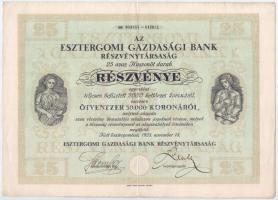 Esztergom 1923. Az Esztergomi Gazdasági Bank Részvénytársaság 25 részvénye egyenként 2000K-ról szelvényekkel T:II-