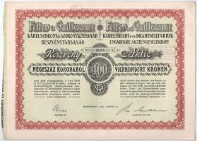 Budapest 1921. Felten és Guilleaume Kábel-, Sodrony- és Sodronykötélgyár Részvénytársaság részvénye 400K-ról bélyegzéssel T:I- hátlapon ragasztónyom