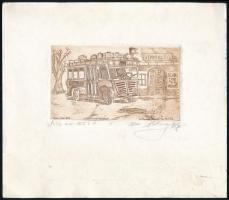 Zé Kovács József (1951-): Ikarus busz és vendéglő Rézkarc, papír, jelzett, számozott (21/100) 9,5×13 cm