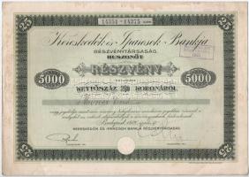 Budapest 1920. Kereskedők és Iparosok Bankja Részvénytársaság 25db részvénye 200K-ról, szelvényekkel és szárazpecséttel, felülbélyegzésekkel T:II-