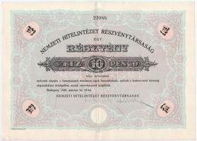 Budapest 1926. Nemzeti Hitelintézet Részvénytársaság részvénye 10P-ről, szárazpecséttel T:II