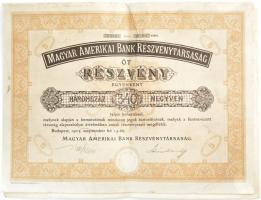 Budapest 1923. Magyar Amerikai Bank Részvénytársaság 5 részvénye egyben, egyenként 340K-ról, szelvényekkel és szárazpecséttel T:III