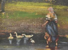 W Carl? Jelzéssel: Libapásztorlány tavasszal. Olaj, vászon, üvegezett dekoratív fakeretben. 28X21,5c...