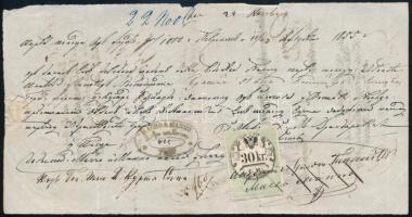1855 30 kr okmánybélyeg a Macso & Manno (Macsó György - Mannó István) pesti székhelyű szállítmányozási cég német nyelvű fizetési csekkjén, a cég bélyegzőjével