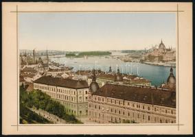 cca 1890 Budapest, látkép a Margitszigettel és Országházzal, feliratozott és színezett fotókróm nyomat, Calderoni és Társa, 11,6×16,3 cm